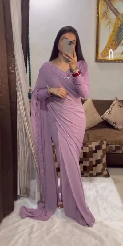 Pure Light Purple Color Georgette Embroidery Thread Work Saree