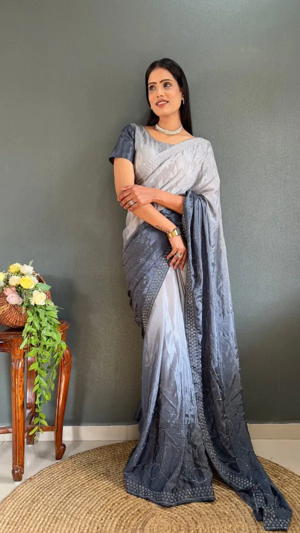 Radiant Grey Color Pure Chinon Chiffon Sirvoski Dimond Saree