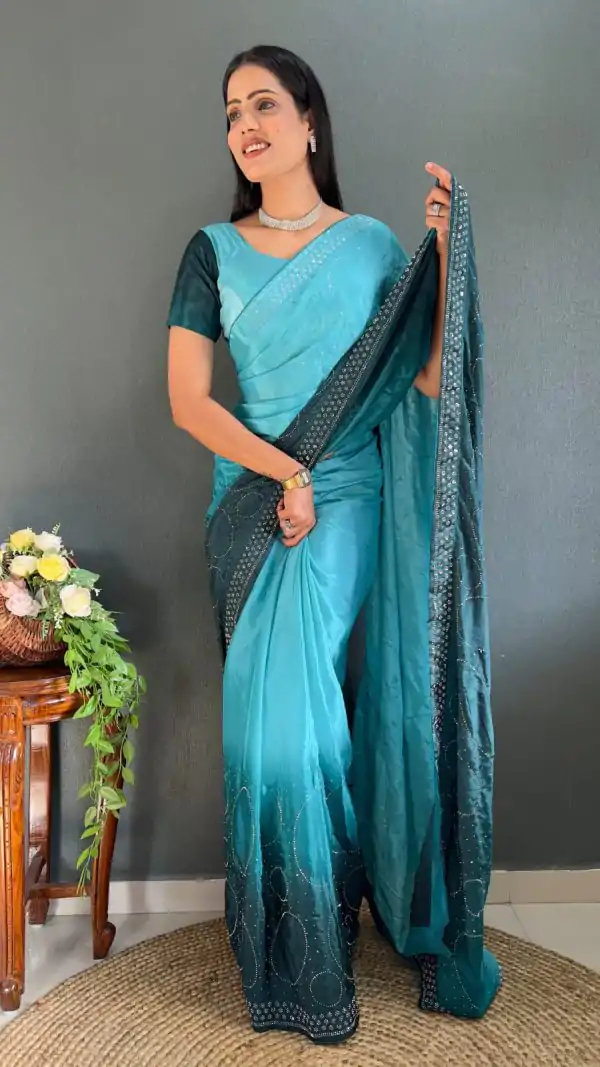 Radiant Navy Blue Pure Chinon Chiffon Sirvoski Dimond Saree