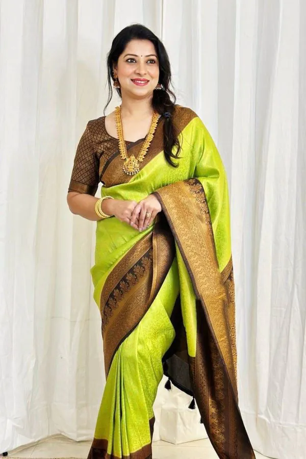 Radiant Parrot Green Color Soft Lichi Silk Ordinary Design Saree