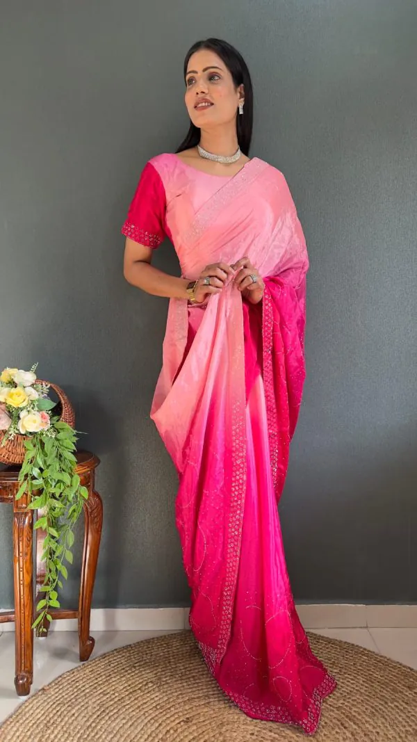 Radiant Pink Color Pure Chinon Chiffon Sirvoski Dimond Saree