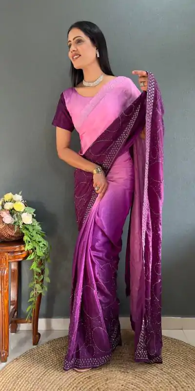 Radiant Purple Color Pure Chinon Chiffon Sirvoski Dimond Saree