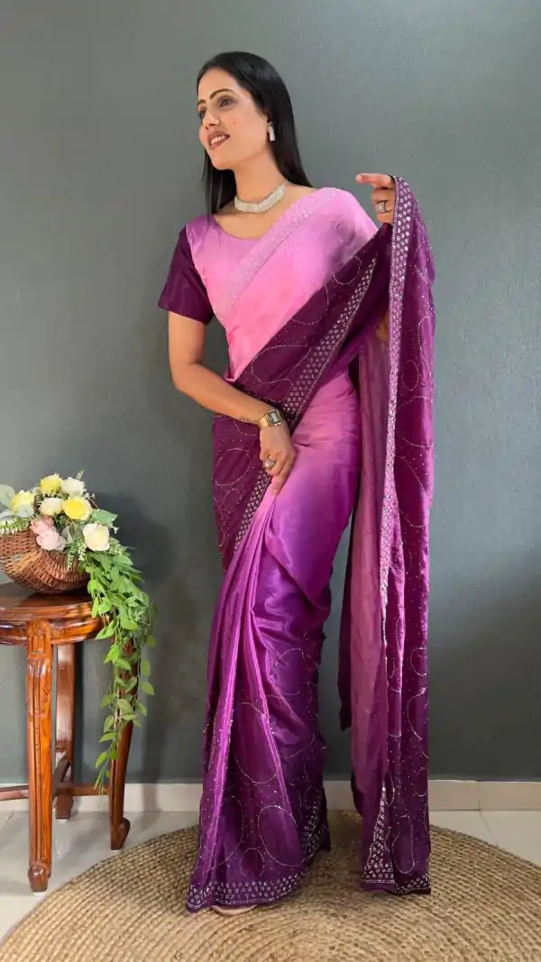 Radiant Purple Color Pure Chinon Chiffon Sirvoski Dimond Saree