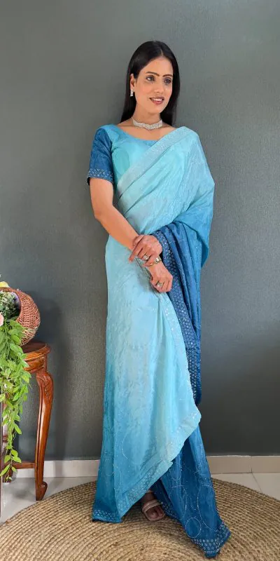 Radiant Royal Blue Pure Chinon Chiffon Sirvoski Dimond Saree