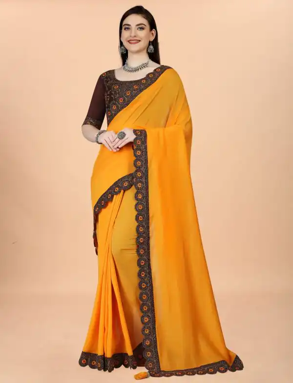 Resplendent Orange Color Vichitra Design Work lace Work Saree