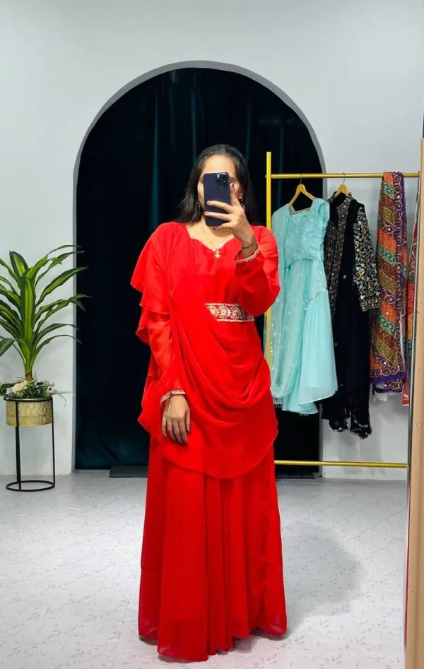 Resplendent Red Color Faux Georgette Sequence New Stilly Gown