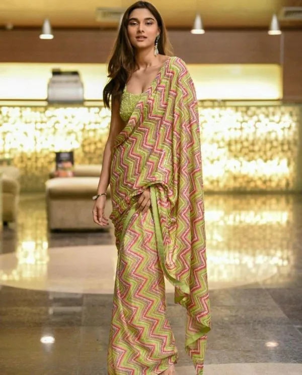 Saiee Manjrekar Green Georgette Digital Printed Silk Lines Saree
