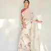 Shilpa Shetty Cream Color Linen Digital Flower Printed Saree