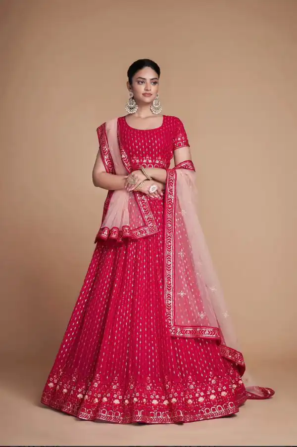 Sightly Red Color Georgette Embroidery Sequins Lehenga Choli