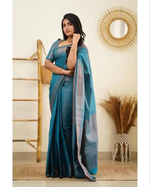 Slightly Blue Color Soft Lichi Silk Cloth Rich Pallu All Over Saree