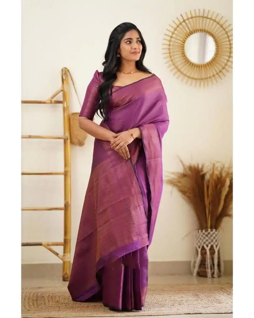 Slightly Purple Color Soft Lichi Silk Cloth Rich Pallu All Over Saree - Image 2