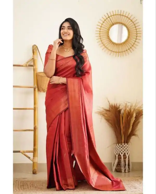 Slightly Red Color Soft Lichi Silk Cloth Rich Pallu All Over Saree