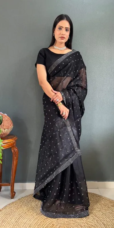 Special Black Color Pure Satara Heavy Siloski Dimond Work Saree