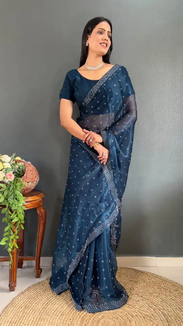 Special Blue Color Pure Satara Heavy Siloski Dimond Work Saree