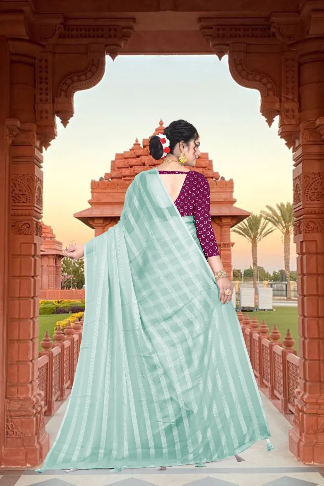 Special Blue Georgette Chiffon Multiple Zari Pata Design Saree - Image 2