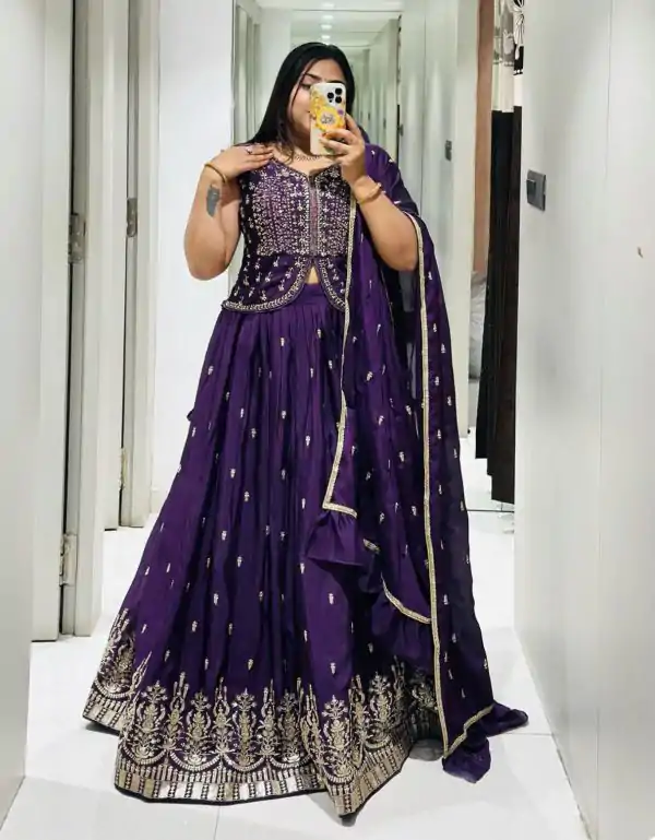 Stylish Black Color Chinon Embroidery Thread Work Lehenga Choli