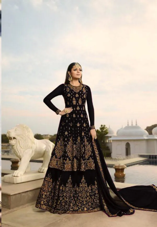 Stylish Black Color Georgette With Embroidery Work Sharara Suit