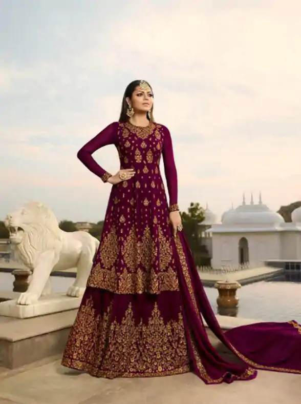 Stylish Maroon Color Georgette Embroidery Work Sharara Suit