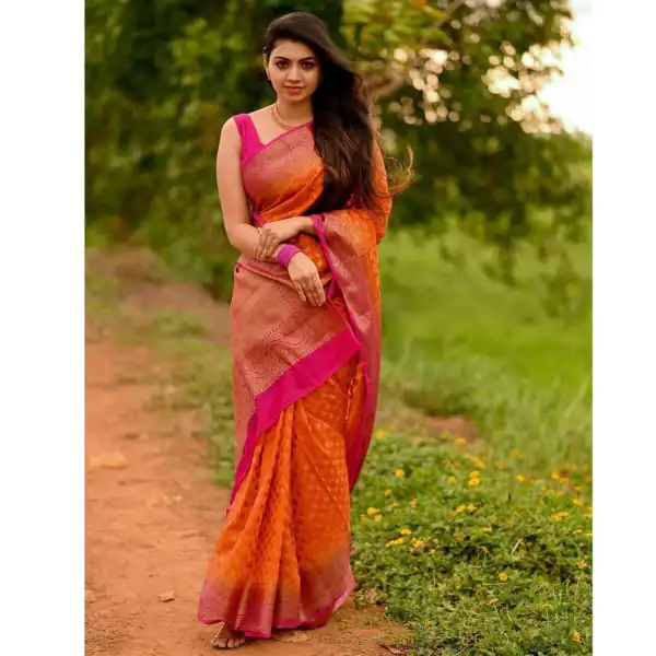 Stylish Orange Color Soft Lichi Silk Cloth Rich Pallu All Over Saree
