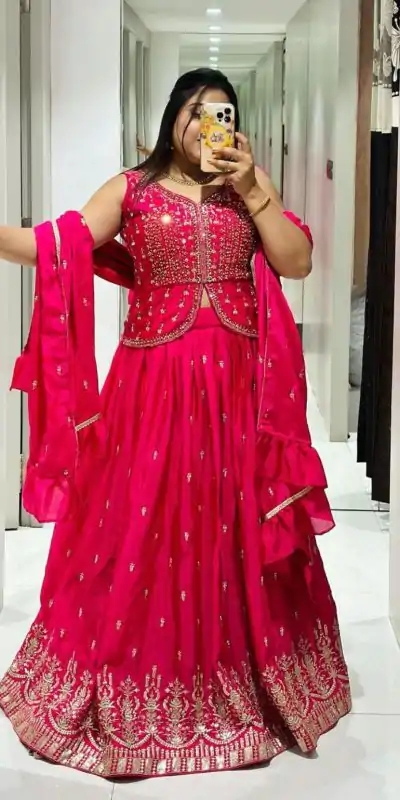 Stylish Red Color Chinon Embroidery Thread Work Lehenga Choli