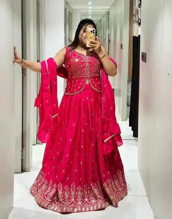 Stylish Red Color Chinon Embroidery Thread Work Lehenga Choli
