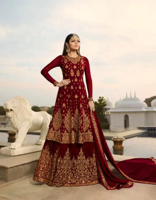 Stylish Red Color Georgette With Embroidery Work Sharara Suit