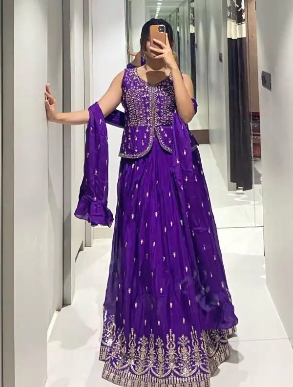 Stylish Violet Color Chinon Embroidery Thread Work Lehenga Choli