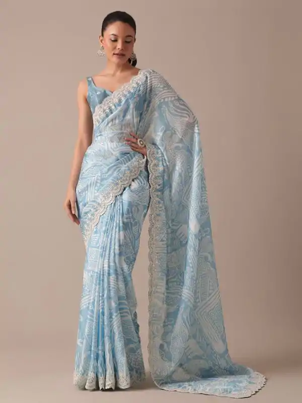 Sublime Blue Color Georgette Digital Prints Embroidery Saree