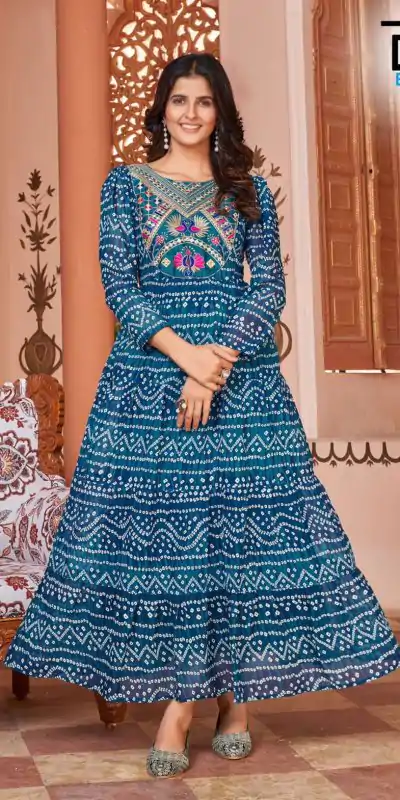 Sublime Blue Color Heavy Georgette Printed Embroidery Gown