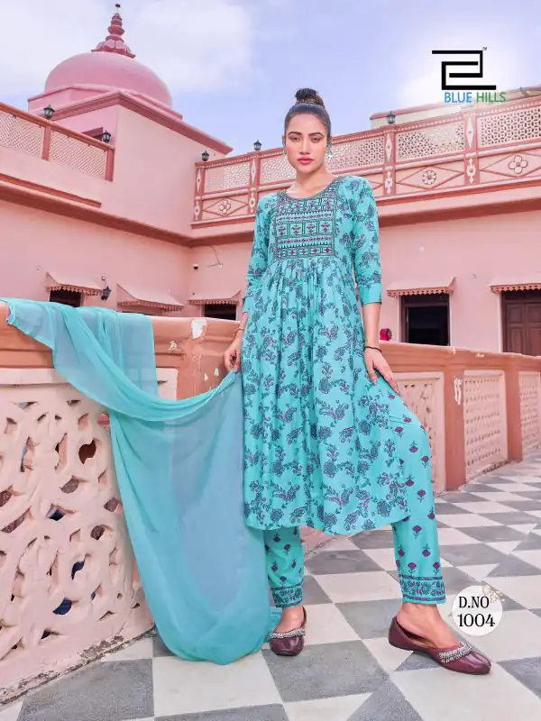 Sublime Blue Color Heavy Rayon With Embroidery Printed Kurti
