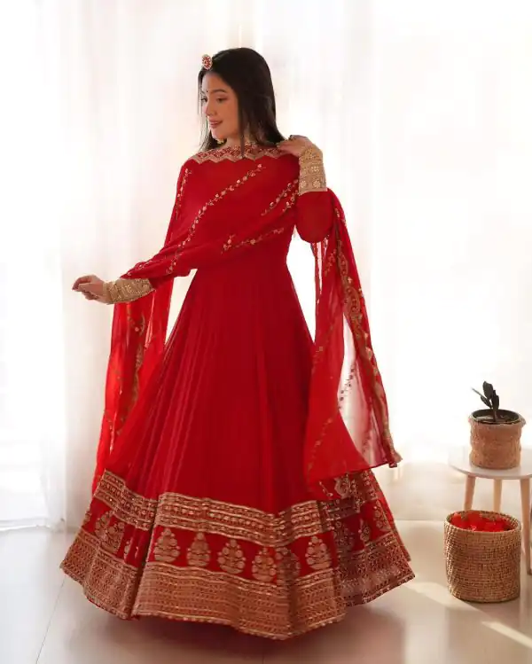 Sublime Red Color Faux Georgette Silk Embroidery Salwar Suit