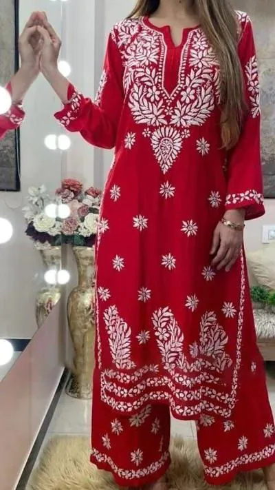 Sublime Red Color Rayon Chain-Stitch Sequence Salwar Suit