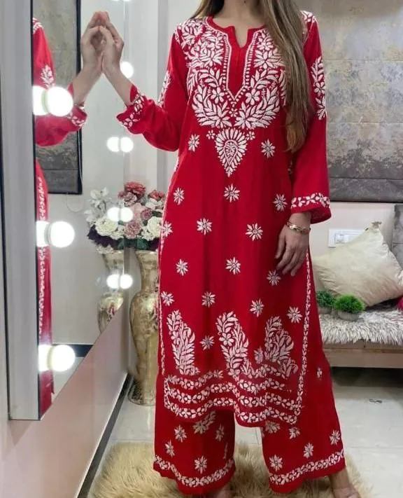 Sublime Red Color Rayon Chain-Stitch Sequence Salwar Suit