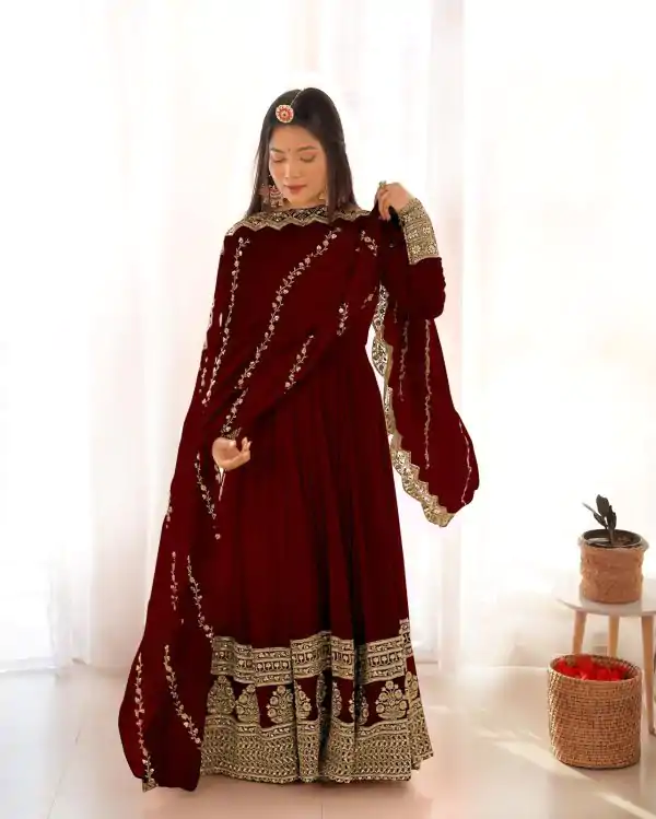 Sublime Wine Color Faux Georgette Silk Embroidery Salwar Suit