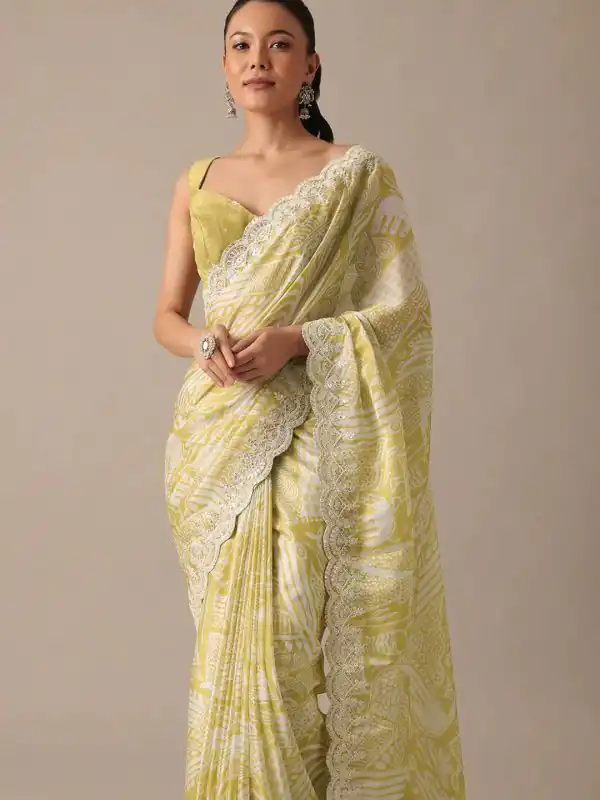 Sublime Yellow Color Georgette Digital Prints Embroidery Saree