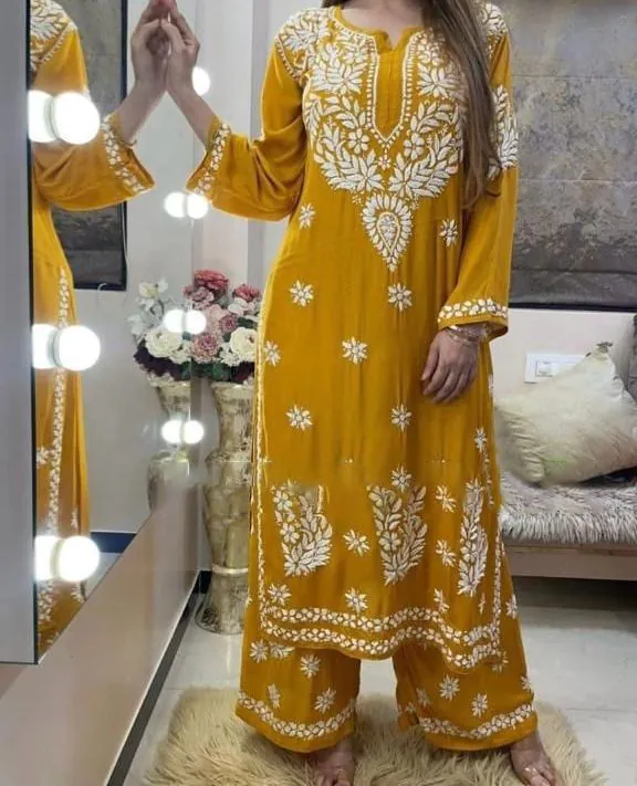 Sublime Yellow Color Rayon Chain-Stitch Sequence Salwar Suit
