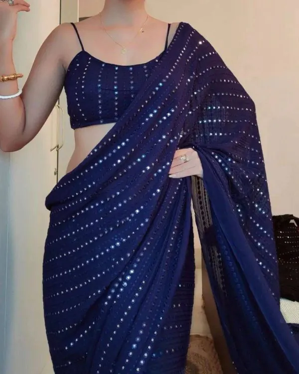 Superb Blue Color Georgette Embroidery Cotton Thread Saree