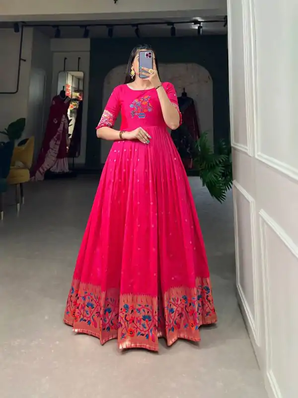 Superb Pink Color Jacquard Silk Paithani  Zari Designer Gown