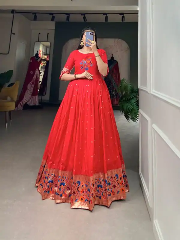 Superb Red Color Jacquard Silk Paithani  Zari Designer Gown