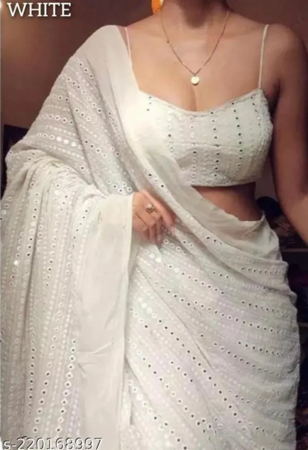 Superb White Color Georgette Embroidery Cotton Thread Saree