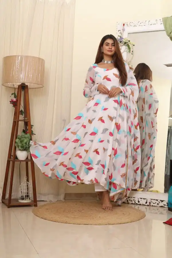 Superb White Georgette Embroidered Swarovski Anarkali Suit