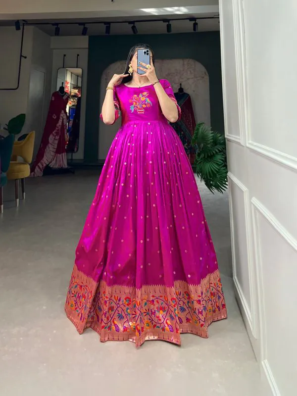 Superb Purple Color Jacquard Silk Paithani Zari Designer Gown