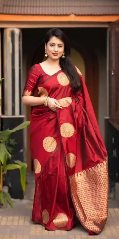 KP 5062 Maroon Color Soft Lichi Silk Jacquard On All Over Saree Casual, Party Wear, Wedding, Events Etc. Expected Delivery 4-6 Working Days @1299/- | Bollywood Sarees, Creative Sarees, Designer Sarees, Embroidered Sarees, Ethnic Saree, Modern Digital sarees, Party Wear Sarees, Sarees