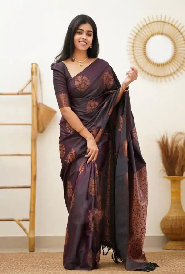 KP 4064 Wine Color Soft Lichi Silk Jacquard On All Over Saree Casual, Party Wear, Wedding, Events Etc. Expected Delivery 4-6 Working Days @1249/- | Bollywood Sarees, Creative Sarees, Designer Sarees, Embroidered Sarees, Ethnic Saree, Modern Digital sarees, Party Wear Sarees, Sarees