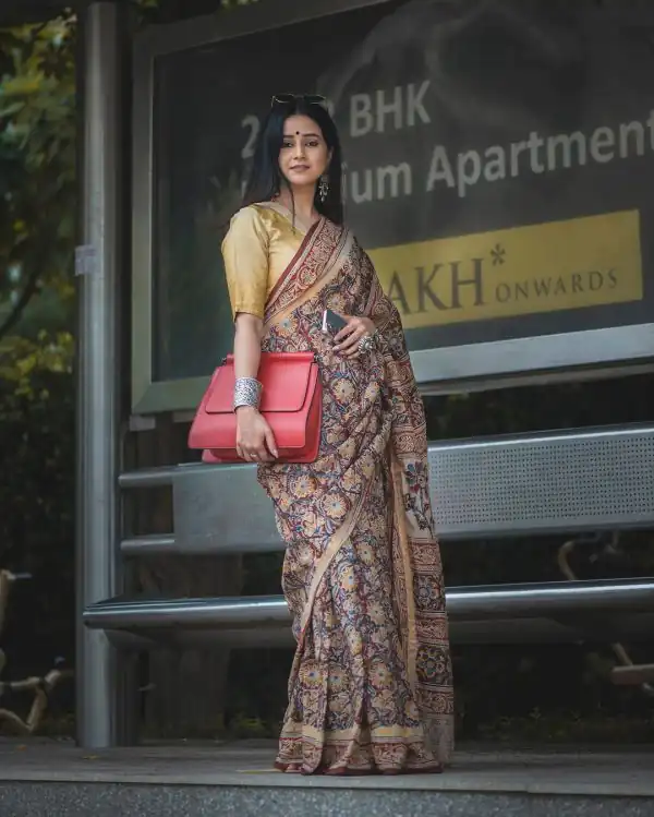 Aglow Cream Color Plain Linen Digital Printed All Over Work Saree