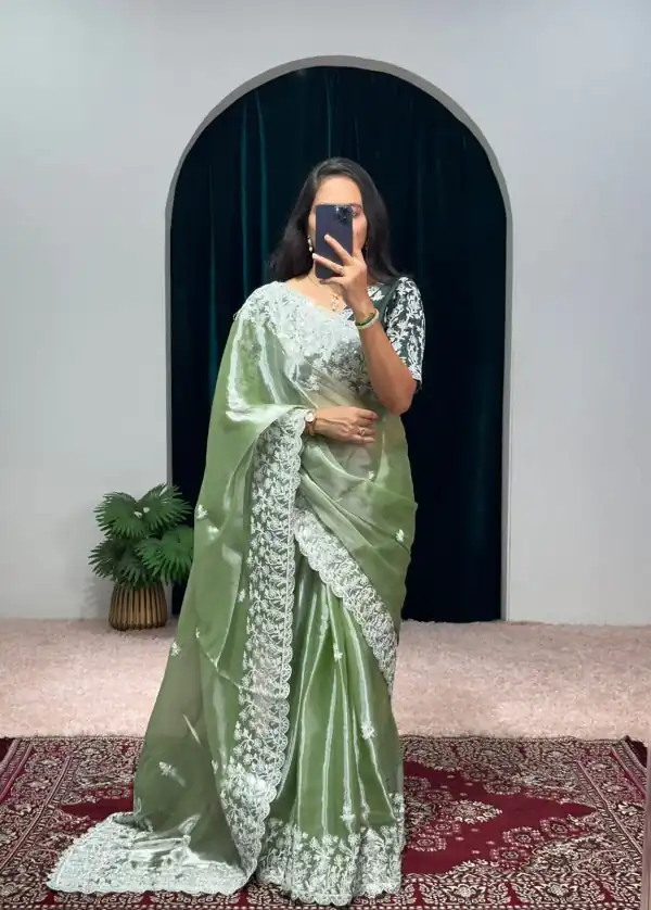 Aglow Green Color Burberry With Blooming Embroidery Saree