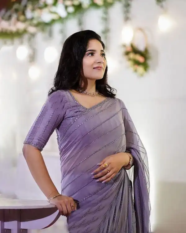 Aglow Purple Color Georgette Sequence Multi & Pearl Work Saree