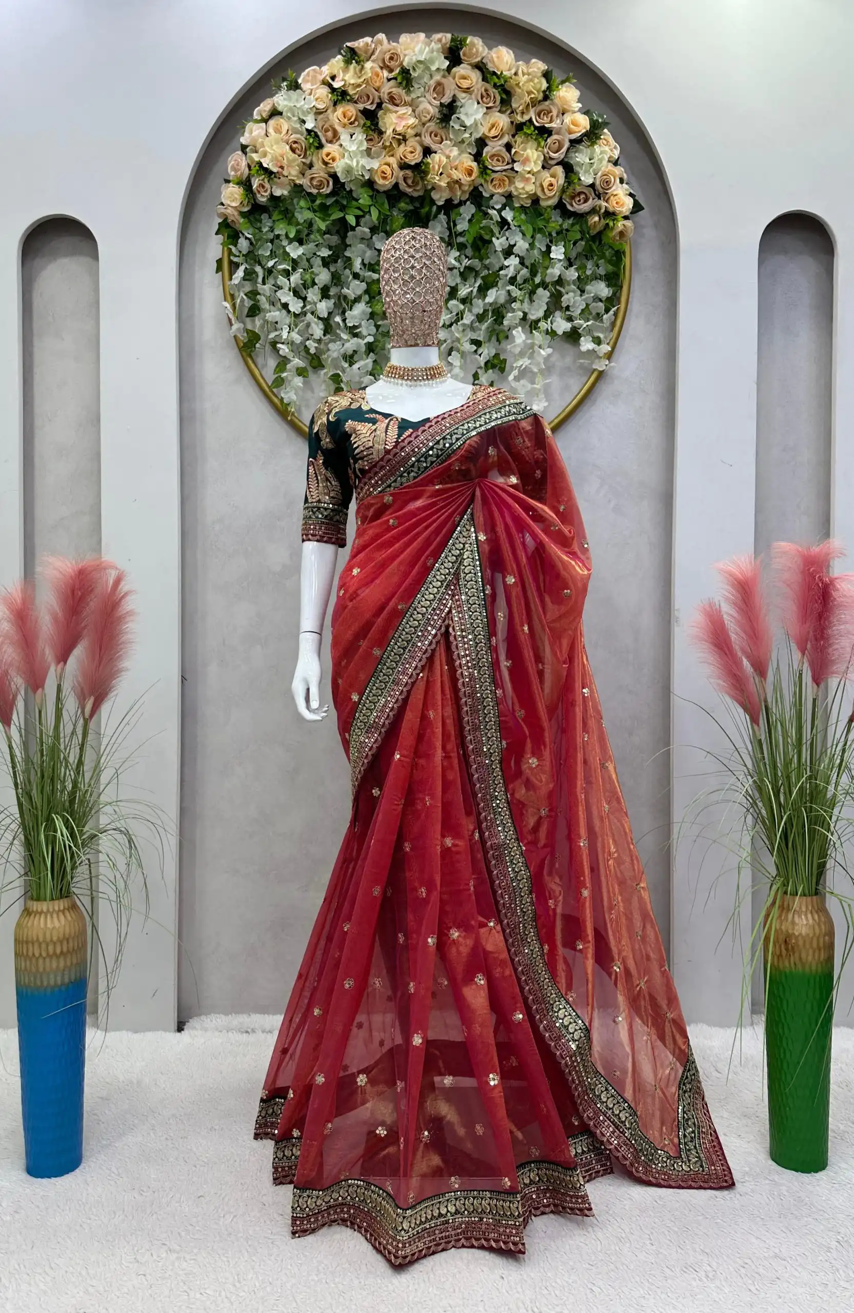 Aglow Red Color Jimmy choo Thread & Sequence Work Saree