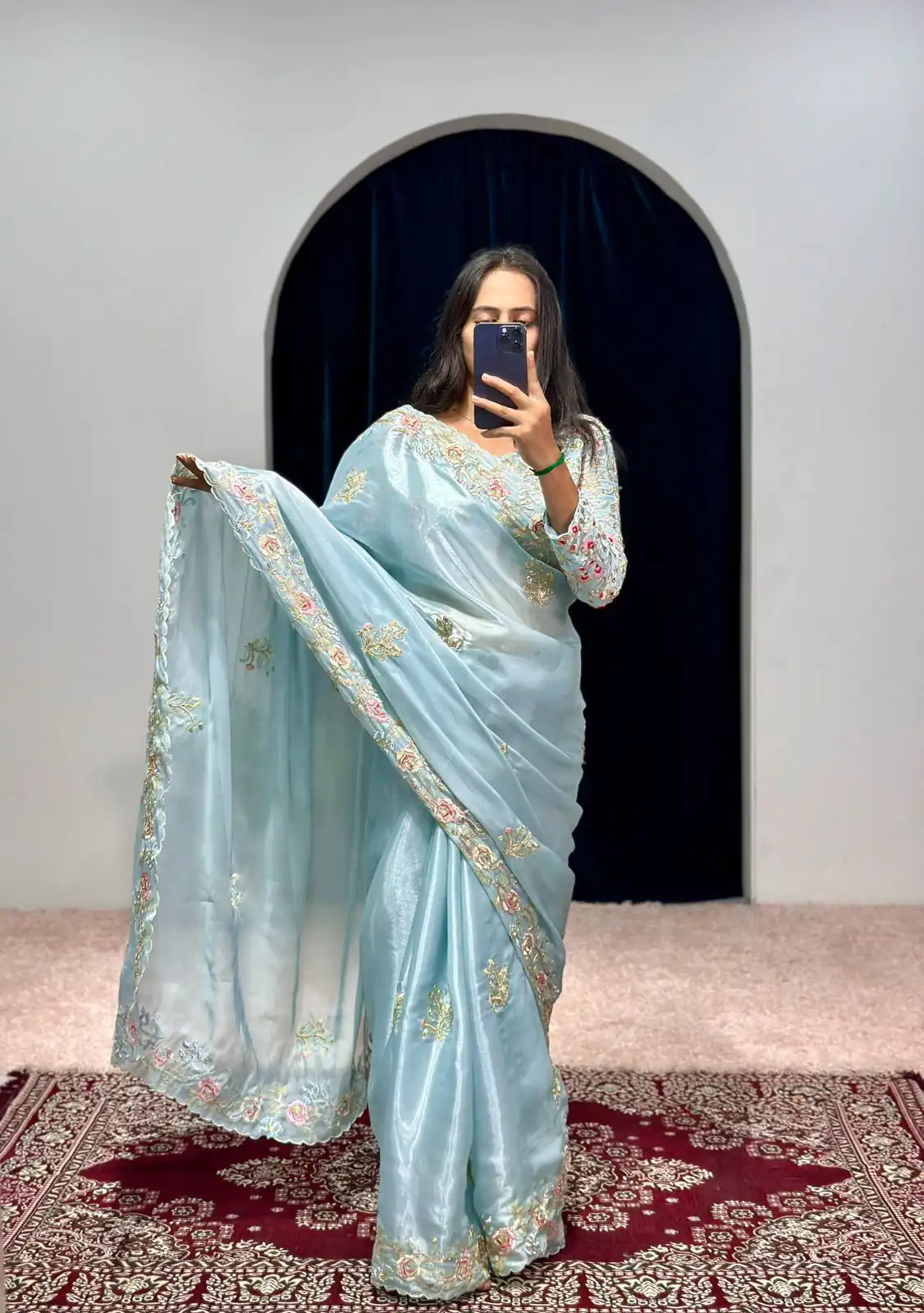 Aglow Sky Blue Color Jimmy Choo Thread Embroidery Work Saree