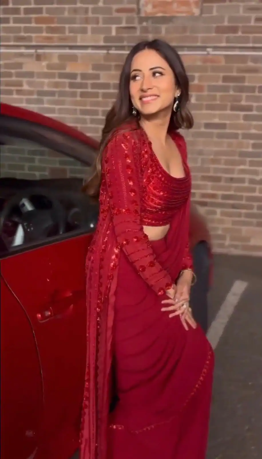 Alluring Red Color Georgette Thread Sequence Work Saree - Image 2